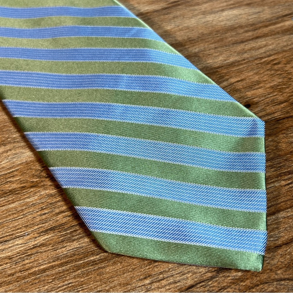 Tommy Hilfiger - Classic Moss Green/Carolina Blue Striped 100% Silk Tie